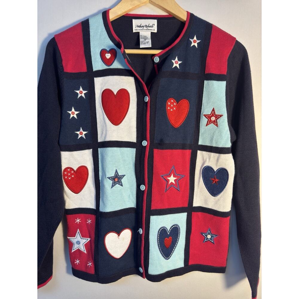Anthony Richards Petite‎ Patchwork Heart Star Cardigan MP Ramie Cotton Patriotic